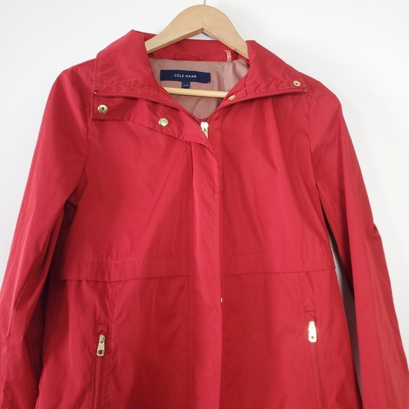 Cole Haan Packable Hooded Rain Jacket Women Red XS Back Bow Long Coat Valentines - Picture 4 of 15